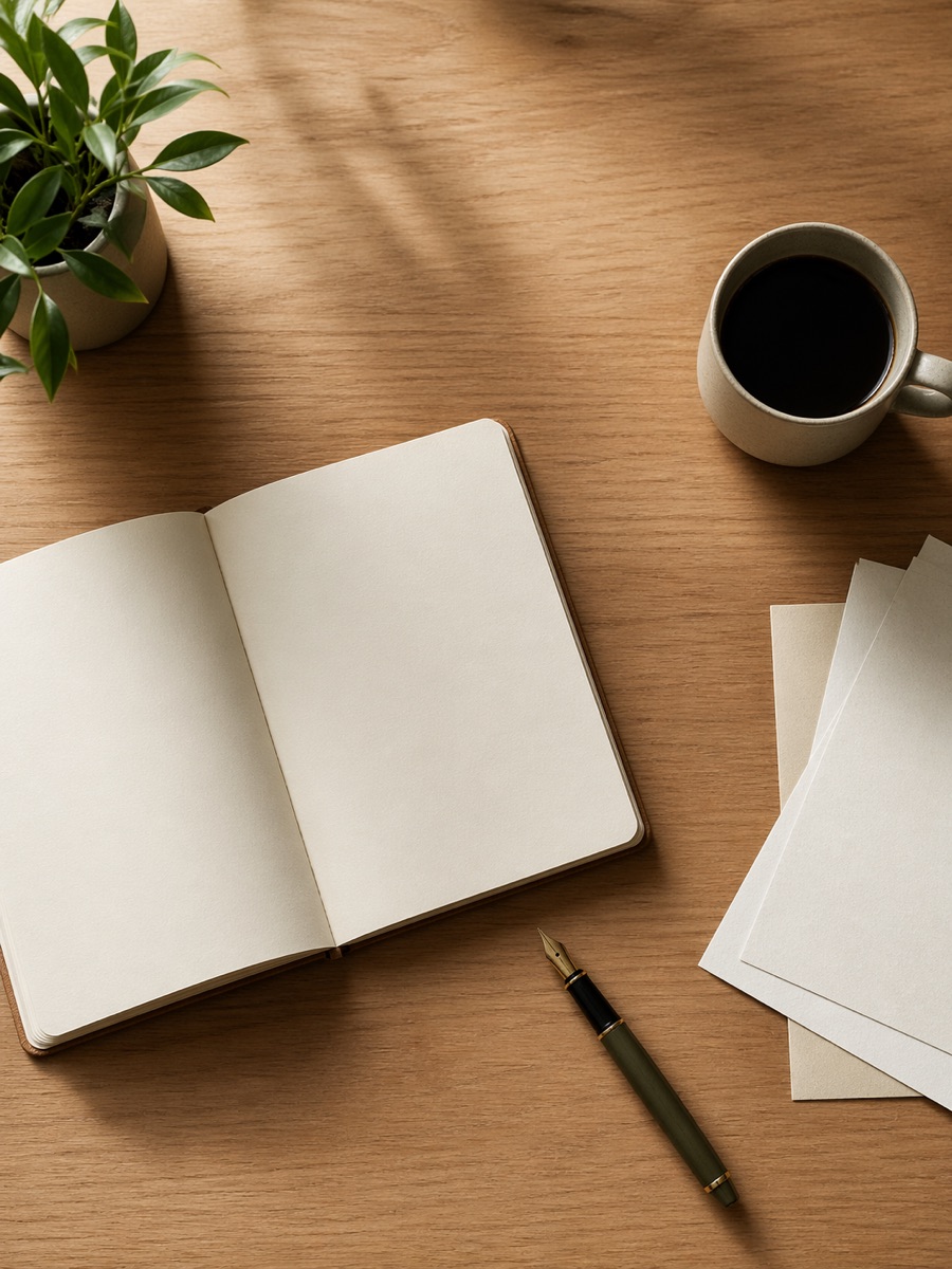 Aufgeschlagenes Notizbuch, Füllfeder und Kaffeetasse auf einem Holzschreibtisch
